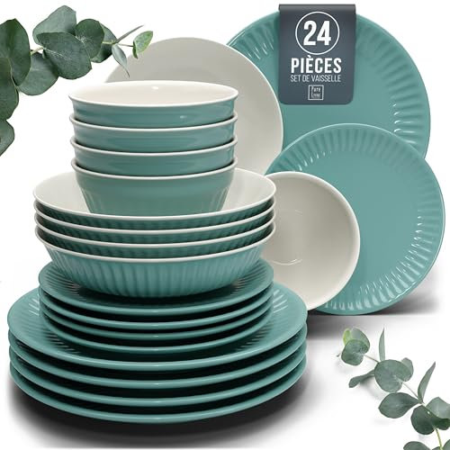 Service de vaisselle en grès pour 6 personnes HYGGE 24 pièces - Design scandinave élégant - Set de bols et assiettes - Service de table pour 6 en design strié - Pure Living vert