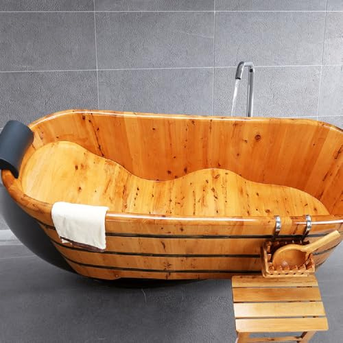Baignoire en Bois Autoportante Compacte avec Panier Suspendu, Baignoire Adulte Seau avec Apportez un Tabouret, Baignoire Antidérapante avec Appui-Tête, pour Salle de Bain