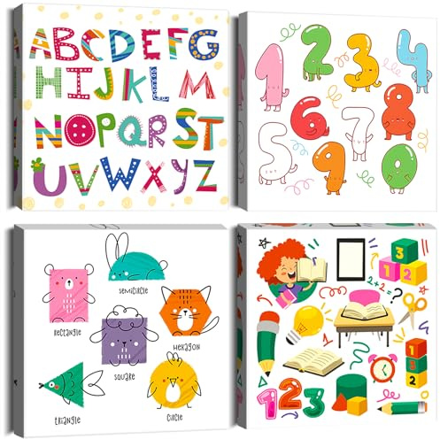 Artscope 4 Pieces Wall Art Canvas Prints - Colorful Education Picture Painting- Modern Wall Artwork Framed for Bathroom Home Office Decor - 30 x 30 CM
