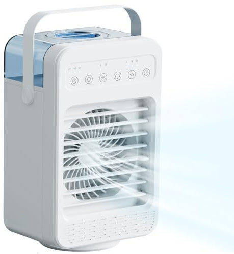 Ventilateur Climatiseur Mobile, mini Climatiseur Portable, Refroidisseur d'air 4 en 1 avec 70° Oscillation,4 Vitesses de Ventilateur, 2 Modes de Brumisation, Poignée, Chambre à Coucher, Bureau