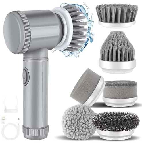 Electric Cleaning Brush - Electric Scrubber Cordless Rechargeable, Waterproof Electric Scrubbing Brush with Interchangeable Brush Heads for Car, Bedroom, Kitchen, Sink, Floor, Bathtub & Wall (Grey)