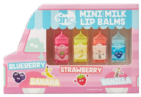 Tinc - Coffret de 4 Baumes à Lèvres Mini Cartons de Lait - Soins Hydratants aux Parfums Myrtille Banane Fraise et Vanille - Accessoire Beauté Ludique pour Enfants - Multicolore - Lot de 4