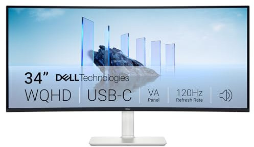 Dell 34 Plus USB-C Monitor - S3425DW, WQHD (3440x1440), 21:9 Curved, 120Hz, VA, 1ms, AMD FreeSync Premium, HDR10, Height Adjust, Built-in Speakers, 2 USB-C, 2 HDMI, 3 Year Warranty