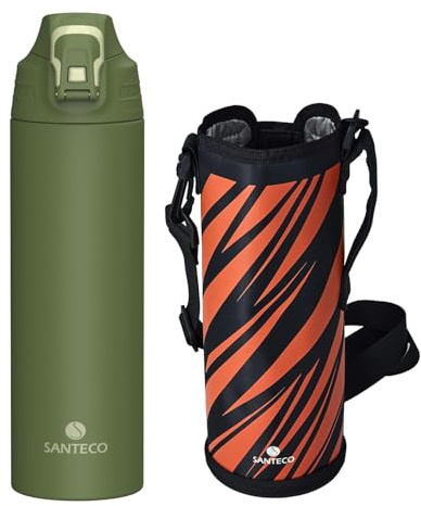 SANTECO Vattenflaska i rostfritt stål, 1 l, BPA-fri termosflaska med bärväska, diskmaskinssäker, reseflaska för resor, camping, grön