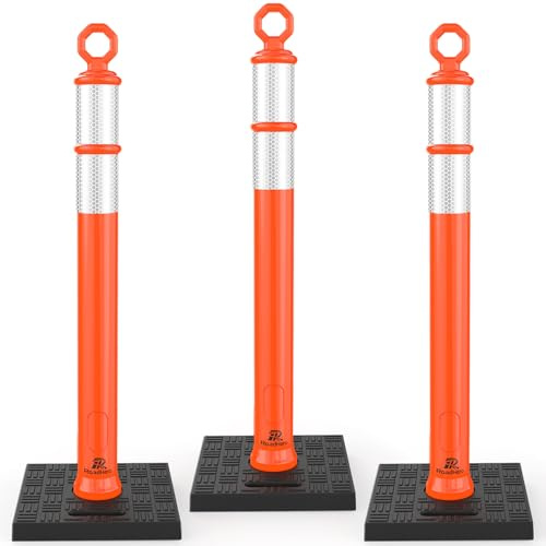 RoadHero 42 Inch Delineator Post with Base, Portable Orange Traffic Delineator Posts Cones with Reflective Collars for Parking Lots, Road Safety, Construction Events (3 Pack)