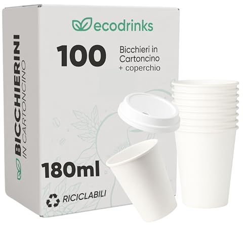 ecodrinks - 100 Bicchieri di Carta con Coperchio di Plastica da 180ml - Per Caffè Lungo, Espresso, Ginseng, Acqua o Cocktail - Adatti all'Uso Domestico, Bar, Uffici e Eventi