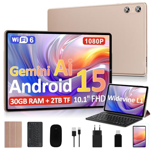 Biegedy 2026 Dernier Tablette 10 Pouces Android 15 avec Gemini AI, 30GO RAM + 2TO TF, Octa-Core, 5G WiFi 6, Widevine L1, GMS, GPS, BT 5.0, 6000mAh, 5MP+8MP, Tablette avec Clavier+Souris et Cas - Or