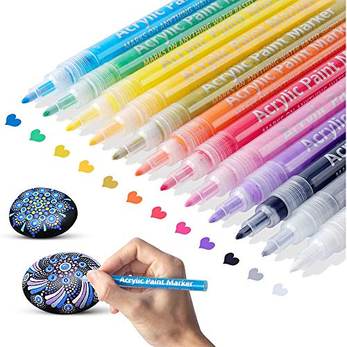 TFixol Set di 12 pennarelli acrilici a base d'acqua, punta fine da 7-2 mm, per fai da te, tela, ceramica, vetro, legno, pietra, metallo, graffiti