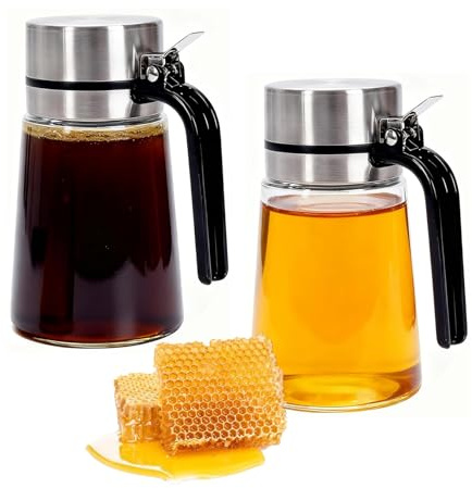 Hynorian Dispensador de miel de 14 oz / 400 ml de cristal, 2 unidades de dispensador de jarabe, tarro de miel sin goteo para cocina, café bar y estación de té, accesorios de cocina para miel, azúcar
