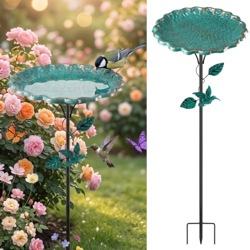 Bebedero Pájaros Exterior de Pie 82 cm, Baño para Pájaros de Jardín de Metal con Base de 3 Patas, Resistente al Invierno y a Las Heladas, Comedero para Pájaros con Decoración de Hoja y Pájaro