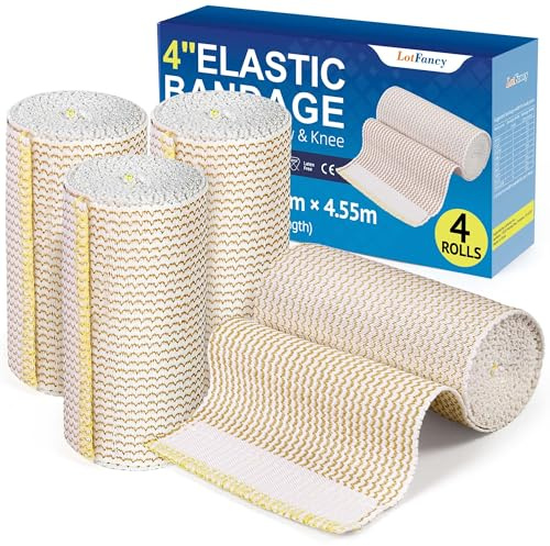 LotFancy Elastic Bandage Wrap, 4 Pack 4 Inch Cotton Compression Bandage, Self Closure on Both Ends, Medical Wrap for Ankle, Knee, Legs, Foot, Wrists, Support & First Aid for Injury Recovery, Sports