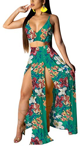 Conjunto sexy de 2 piezas para mujer, vestido de gasa con tirantes y cuello de pico pronunciado, sujetador corto con abertura alta, vestido largo y falda, Flor, verde , XL