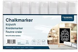 Europel Chalk Markers White 15mm Tip, Pack of 8 Liquid Chalk Pens, Wet & Dry Erase for Glass, Chalkboards, Windows & Signs, Professional Use for Hospitality & Retail