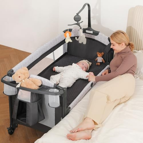 ELEMARA 4 in 1 Baby Bassinet Bedside Crib with Diaper Changer, Mattress, 1-Second Set up Bedside Bassinet with 3 Adjustable Height, Portable Crib with Storage/Toy Bar/Zip Door