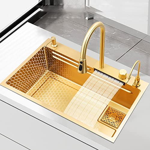 Gold Kitchen Sink Waterfall, Kitchen Sink Rain Waterfall Sink Household Sink, Mit Pull-Out Tap, Schneidebrett, Cup Washer (Color : Gold, S : 75x46cm)