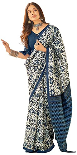 AKHILAM Dam blommig Bhagalpuri silke tryckt sari med osydd blusdel (21WOM21901_HS_Parent), Off White 1, One Size