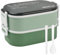 1 Pack 1800ml 2 Layer Bento Lunch Box with Cutlery for Adults Kids, 3 Compartments Leak Proof Bentobox, 2-in-1 Lunchbox with Spoon Fork Stackable, Large Capacity for Work Office School (Green)