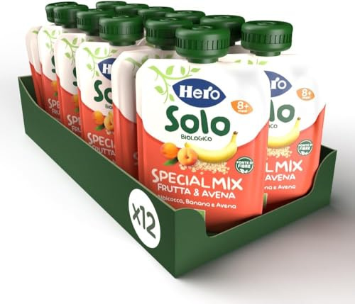 Hero Solo Bio Frutta e Cereali Frullati 100% Bio, Special Mix, Senza Zuccheri Aggiunti, Purea di Albicocca, Banana con Avena - 12 Confezioni da 100 gr