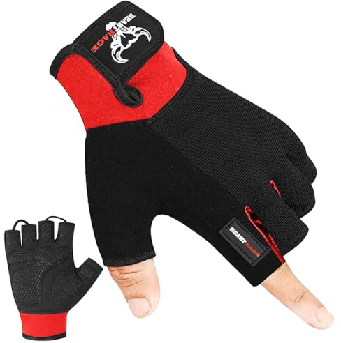 BEAST RAGE Fitness-Handschuhe für Training, rutschfest,gepolsterte Handfläche,Halbfinger-Workout,Gewichtheben-Handschuhe, Radfahren, Crossfit,Krafttraining (Rot, M)
