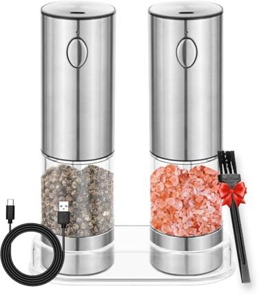 Moulins à sel et à poivre électriques, set de 2, mécanisme de broyage en céramique réglable en continu en acier inoxydable, rechargeable par USB, avec dessous de plat et pinceau et fenêtre de visualis