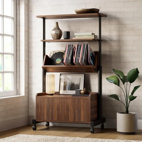 Fenge Bücherregal mit Rädern 4 Ebenen Multifunktional Lagerregal Mobiler Organizer Regal Standregal für Wohnzimmer, Schlafzimmer, Heim, Büro 79x41,4x131cm (Braun)