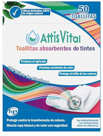 AttisVital hojas Atrapa Colores - 50 Hojas para 50 Lavados, rProtección Efectiva para Ropa Blanca y de Color, Evita Manchas, Tecnología de Absorción de Color, Sin Productos Químicos Agresivos