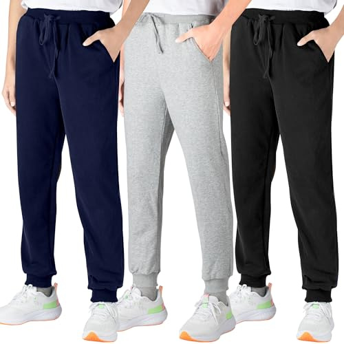 BIG ELEPHANT 3-pack joggingbyxor barn pojkar – sportbyxor pojkar långa av bomull med fickor och dragsko, bekväma byxor för pojkar, Svart/grå/mörkblå, 8-9 år