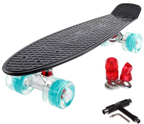 FunTomia 57cm Mini-Cruiser Board Skateboard mit oder ohne LED Leuchtrollen inkl. Aluminium Truck, ABEC-9 Kugellager und T-Tool (Schwarz mit Petrol LED Rollen)