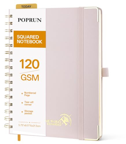 POPRUN Cuaderno de Notas con Espiral, Página de Cuadrícula, Tamaño A5, Papel Grueso de 120 GSM, 141 Páginas Numeradas, con Bolsillo, Pestañas de Indice, 8 Hojas Perforadas, Rosa Claro