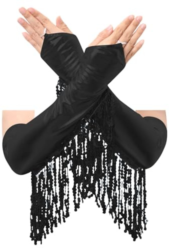 Jugaoge Guanti da Donna Lucidi, Senza Dita, Guanti da Sera, Fäustlinge, Manicotti con Paillette, Frange, Stile Flapper, Disco, Hippie, per Mascherata, Nero , Taglia unica