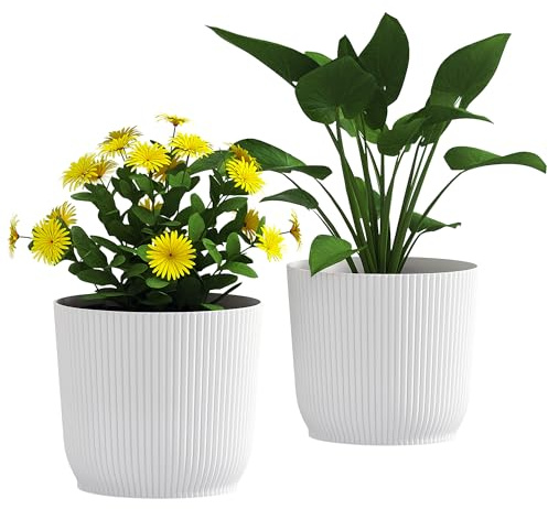 Outsunny Set of 2 Plastic Round Plant Pots Outdoor 22cm, Garden Planters, Flower Pots for Garden Decoration, Patios, Indoor, Outdoor, Home, White