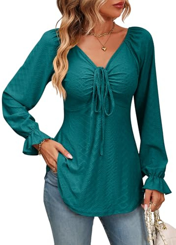 Atxnn Chemise Femme Sexy V-Neck Blouse à Manches Longues Chemisier Dos Nus Élégant Haut Jacquard Tunic Top T-Shirt