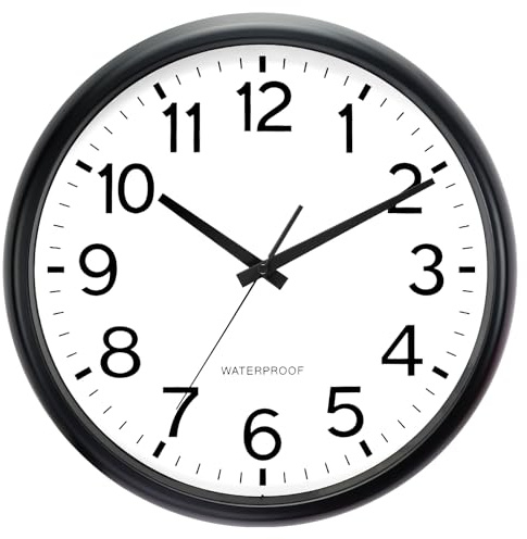 KIZLOC Orologio da giardino, impermeabile, da giardino, resistente alle intemperie, facile da leggere, silenzioso, funzionamento a batteria, per esterni, piscina, balcone, bagno (nero)