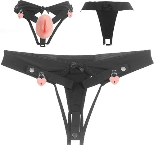 Male Chastity Cage Sex Toys, Realistic Pussy Cock Cage Lock & Chastity Sexy Underwear Adjustable Strap on Harness Chastity Belts Devices, SM Bondage Sex Toy for Gay Sissy Men Cage (M-Black-Belt)