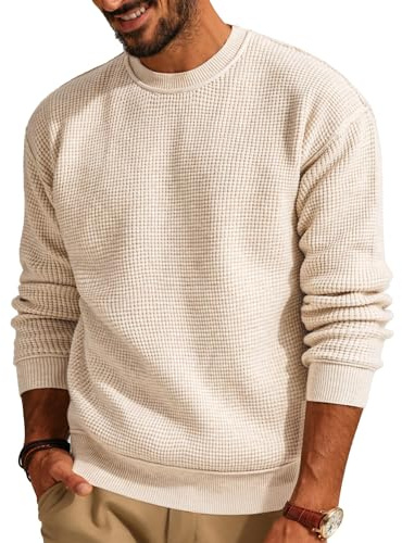 QUNERY Maglione Girocollo da Uomo Pullover Autunno Invernale Maglia Waffle Lavorato Maglioni Casual Manica Lunga Beige M