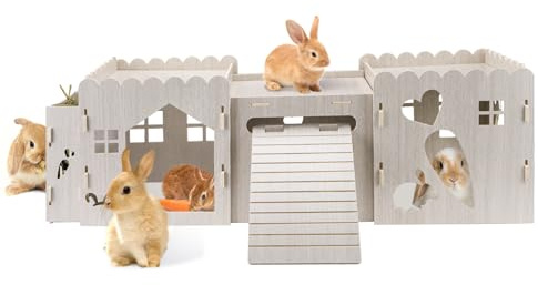 Large Wooden Bunny Castle, Nail-Free Detachable Rabbit Hideout with Food Bowl, Bunny Ramp & Multi-Holes, Cute Rabbit House Fitting Syrian Hamsters, Squirrels, Guinea Pigs & Hedgehogs (31.8×11×11.4in)