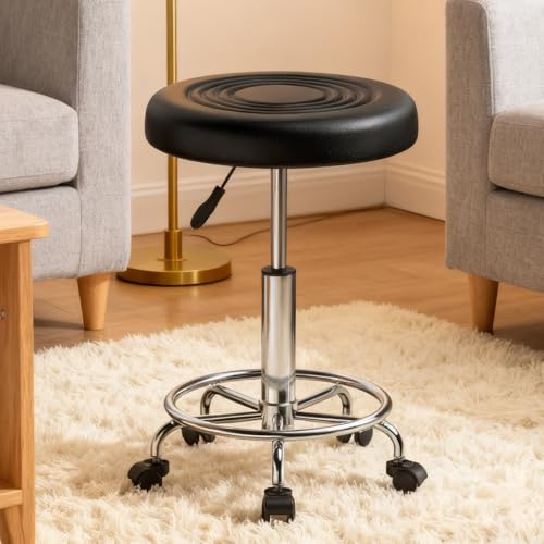 Huracan Sgabello girevole a 360° con ruote, ergonomico, in pelle PU, da ufficio, da parrucchiere, per officina, salone e spa, colore nero
