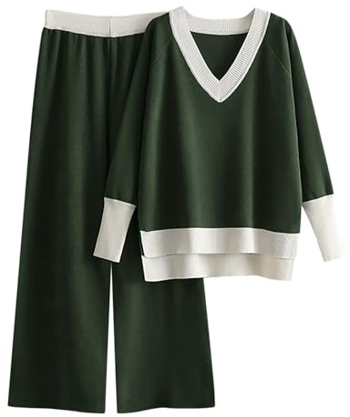 Tuta Donna Elegante Completo 2 Pezzi Maglia Maniche Lunghe Pullover Top Elastico in Vita Pantaloni a Gamba Larga Set Complete da Casa Sportiva Autunnale Invernale Primavera (01-Verde, Taglia unica)