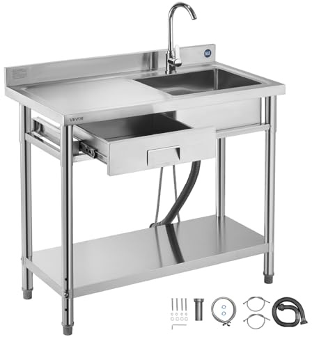 VEVOR Stainless Steel Utility Sink, Free Standing Single Bowl Commercial Kitchen Sink with Drawer, Faucet and Hot & Cold Water Pipe, Utility Basin for Garage Restaurant Laundry, 39.4 x 19.7 x 37 in