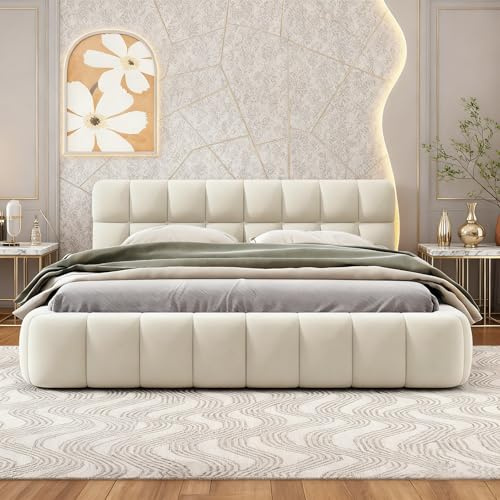 BRYXR Lit capitonné 160 x 200 cm - Bubble - Avec sommier à lattes - Tête de lit rembourrée - Élégant - Idéal pour chambre d'adolescent et chambre d'amis (lin beige, sans matelas)