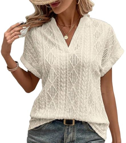 RUISHH T-Shirt Femme Chemisier Dentelle Crochet Chic et Élégant à Col en V Haut Manches Courtes Tunique Beige L