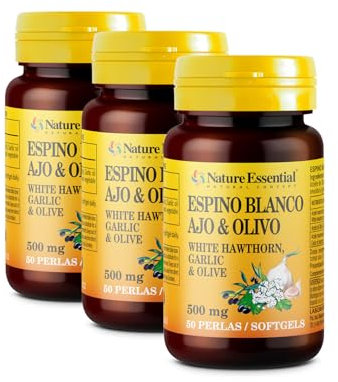 Nature Essential | Espino Blanco + Ajo + Olivo | 500 mg | Ansiedad | Circulación de la Sangre y Azúcar en Sangre | 50 Perlas (Pack 3 unidades)