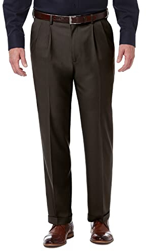 Haggar mens Premium Comfort Classic Fit Pleat Expandable Waist Dress Pants, Dark Chocolate, 38W x 29L US