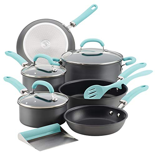 Rachael Ray 81125 11-Piece Hard Anodized Aluminum Cookware Set, Gray with Light Blue Handles