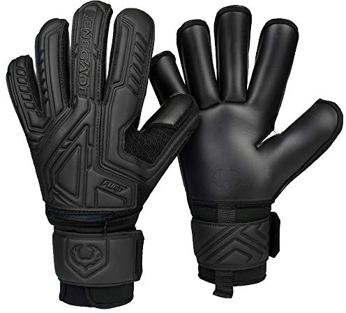 Renegade GK Fury Nightfall Goalie Gloves with Pro-Tek Finger Savers | 4mm Giga Grip & 4mm Duratek | Black Soccer Goalkeeper Gloves (Size 8, Youth-Adult, Roll Cut, Level 4)