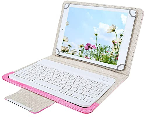 Tastiera Bluetooth multi-dispositivo, tastiera tablet da 10 pollici con custodia in pelle PU, portata wireless 10 m, tastiera wireless Bluetooth universale per Android, per IOS, per .(Rosa)