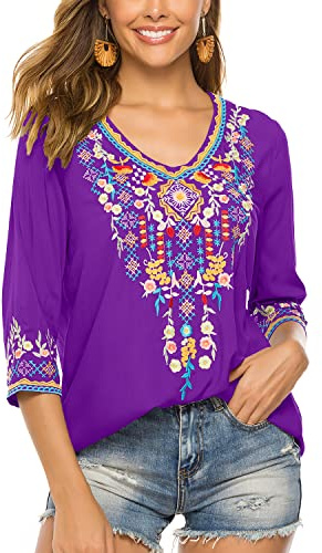 Seasonal Women's Boho Embroidered Tops Mexican Peasant Style Bohemian 3/4 Sleeve Shirt Hippie Clothes Summer Tunic Blouses