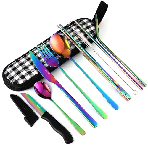 hecef Campingbesteck Set Edelstahl, 10 Teilig Reisebesteck Set mit etui, Besteckset mit Bestecktasche für Unterwegs, Outdoor Besteck mit Göffel, Spork, Messer ect. (Regenbogen)