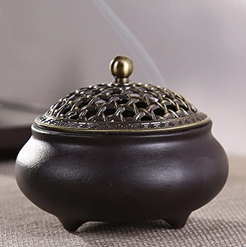 Vintage Keramik Räuchergefäß Weihrauchbrenner Räucherstäbchenhalter Halter Rund Chinesisch Porzellan Räucherschale mit Metall Deckel und Feuerfeste für Home Wohnzimmer Meditationsraum Office