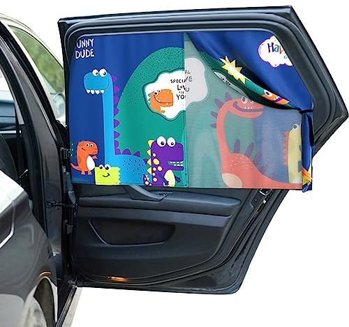 Hianjoo Auto Sonnenschutz Baby mit UV Schutz, Auto Moskitonetz Seitenscheibe für Kinder, Magnet Autofenster Sonnenschutz Universal, Doppellagiger Sonnenschutztuch - Dinosauriermuster